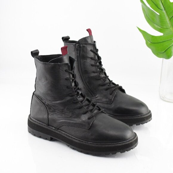 Zara Womens Combat Boot Size 37 6 Black Leather Lace Up Chunky Lug Sole Bootie - Picture 13 of 13